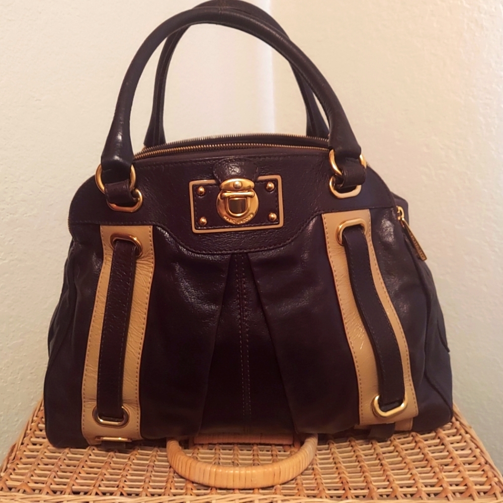 Vintage Marc Jacobs Striped Hudson Leather Shoulder/Hand Bag Mahogany and tan